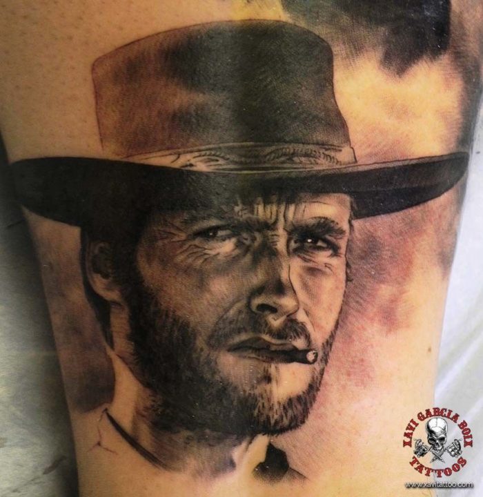 xavi garcia boix tattoo retrato realismo portrait realism tatuaje valencia tatuajes personajes famosos famous characters el bueno el feo y el malo Clint Eastwood-01