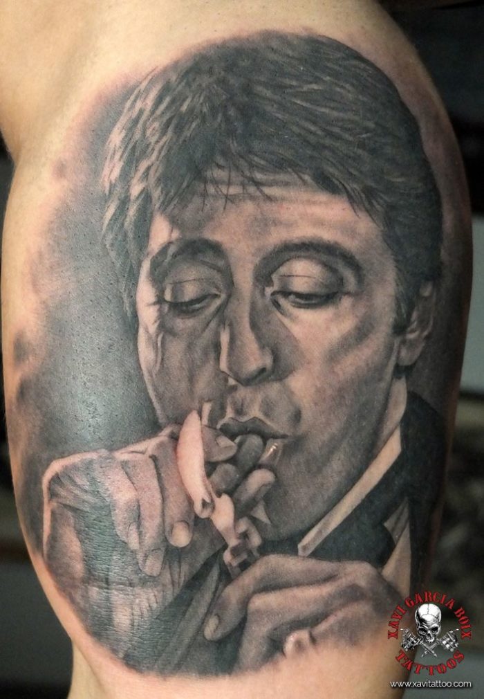 xavi garcia boix tattoo retrato realismo portrait realism tatuaje valencia tatuajes personajes famosos famous characters el precio del poder scarface Al Pacino-01